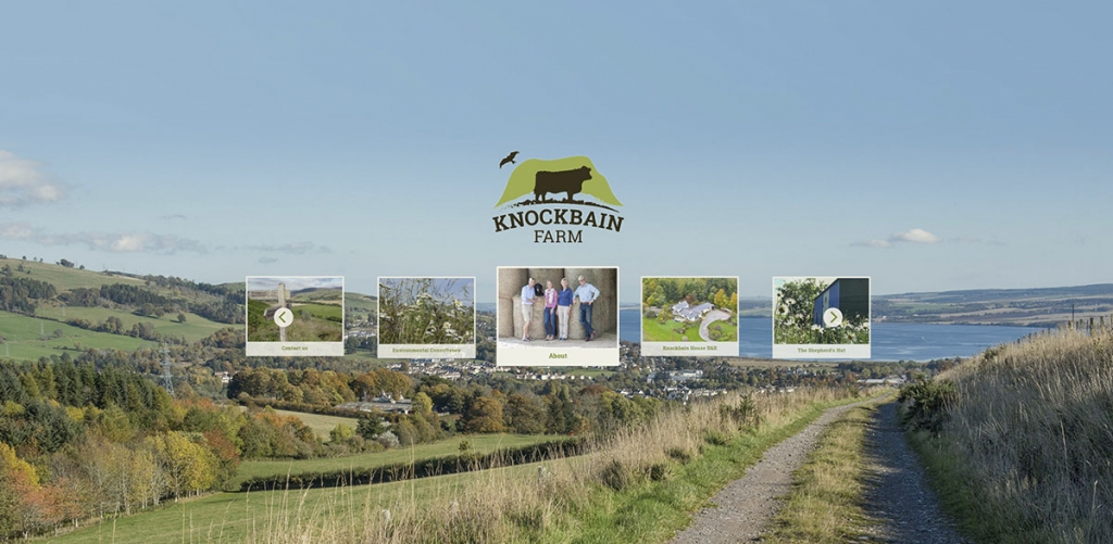 Commercial photographer - fields and a farm track leading towards a town and a bay, with logo and small pictures superimposed