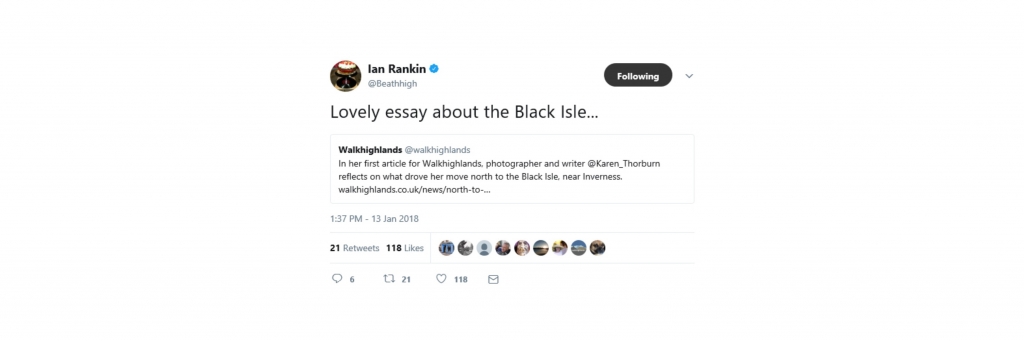 Guest blogger - screenshot of a tweet from author Ian Rankin with the text, 'Lovely essay about the Black Isle...'