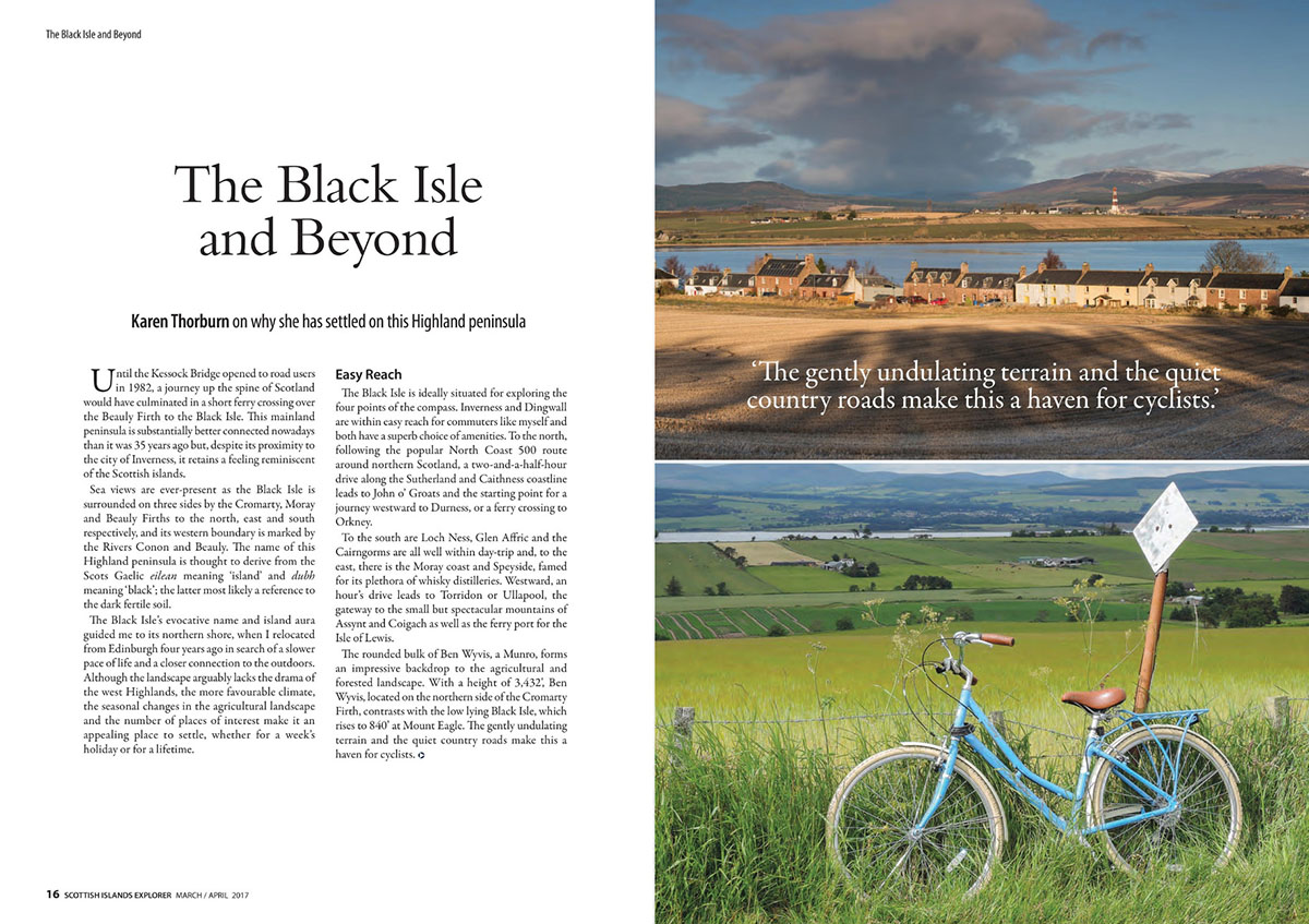 Guest blogger - magazine article with text and photos of cottages between a field and water, and a bike in front of fields