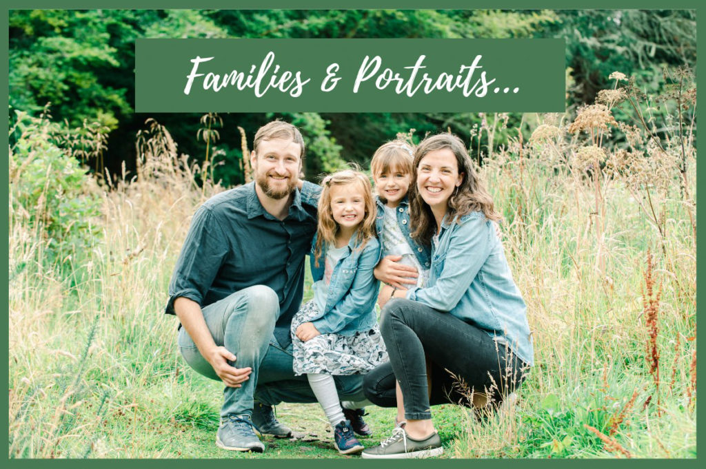Parents and their two young daughters crouched in front of long grass and trees with the text 'families & portraits' overlaid