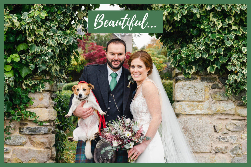 White bride and groom holding flowers and a white and brown dog, standing in front of a stone arch partially covered in ivy