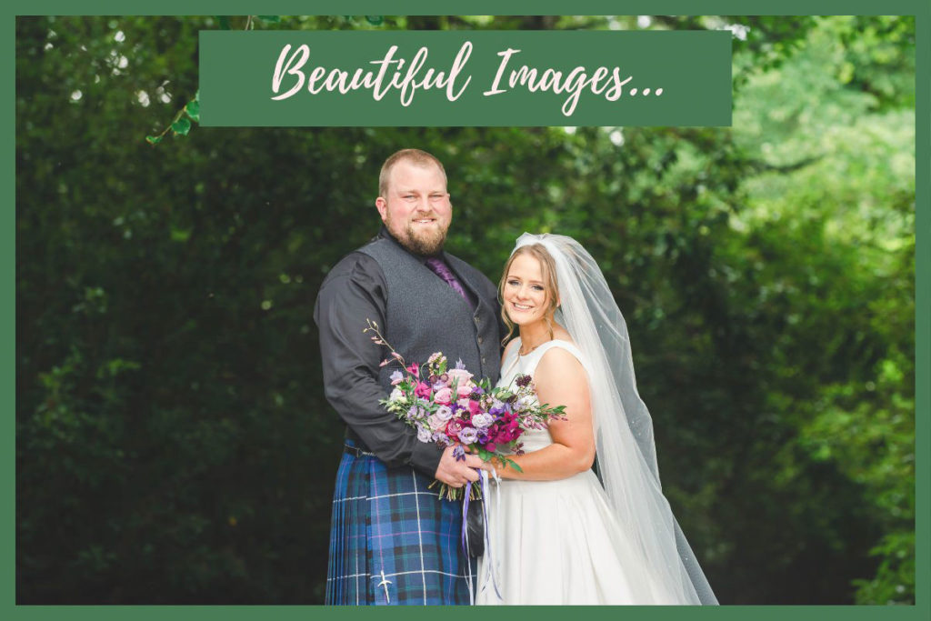 A bride and groom holding flowers and standing in front of woodland overlaid with text reading beautiful images