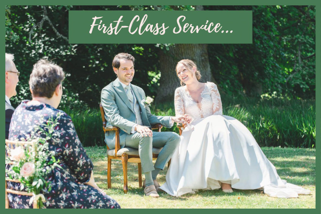 A bride and groom sitting on seats on grass in front of trees overlaid with text reading first-class service