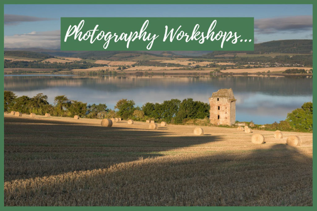 A two-storey ruined castle in a harvested field with hay bales overlaid with photography workshops text