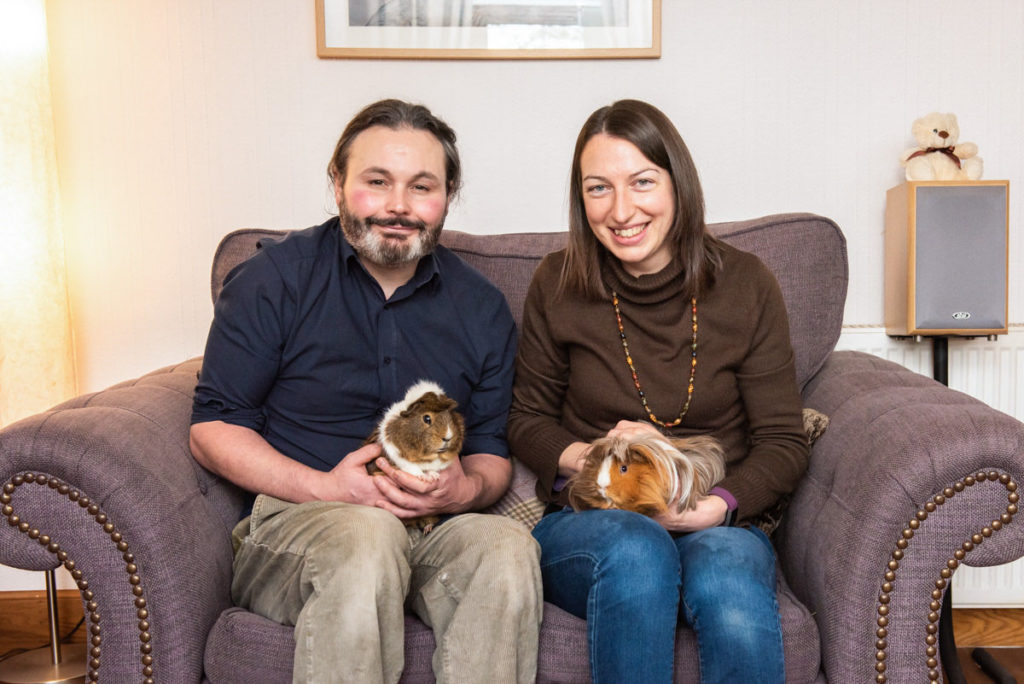 A man and woman smiling and sitting on a purple couch holding a brown guinea pig and a ginger guinea pig