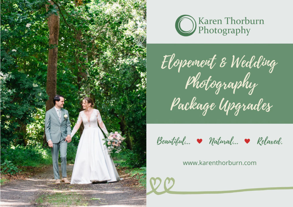 Cover of an elopement and wedding photography package upgrade ebook with a bride and groom walking on a woodland track