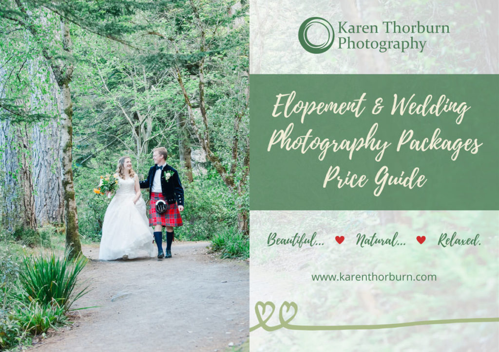 Cover of an elopement and wedding photography packages price guide with a bride and groom walking on a woodland path