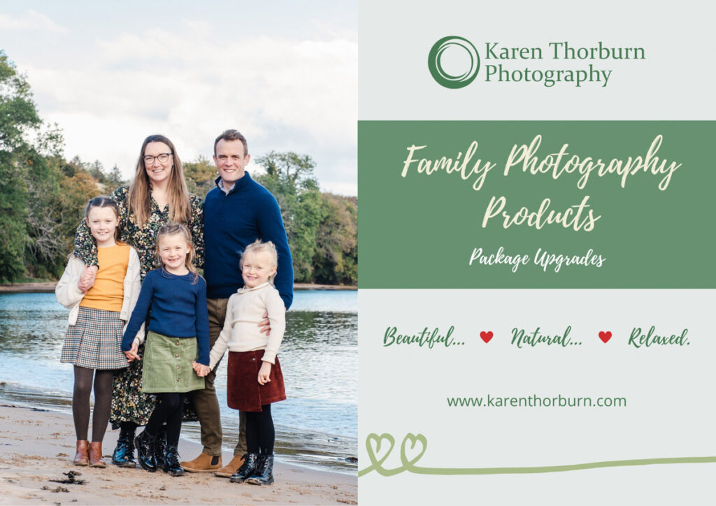 Cover of a free eBook download on family photography products and package upgrades featuring a family on a beach