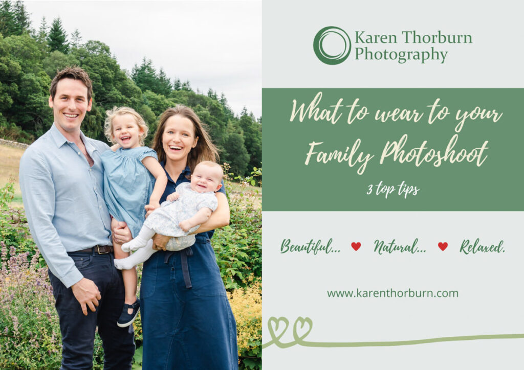 Cover of a free family photography eBook download on what to wear to your family photoshoot showing parents and kids outdoors