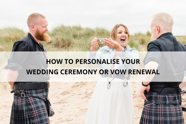 A bride and groom on a beach sharing a Quaich during a Personalised Wedding Ceremony