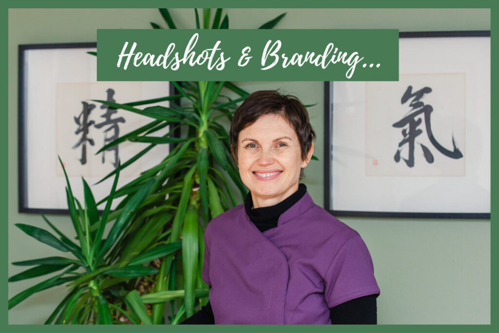 Professional headshots and personal branding promotional image showing a woman in a purple tunic in a clinic with green walls