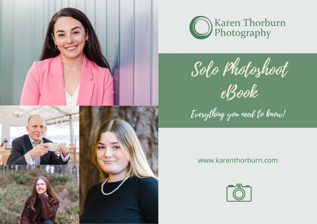 Solo photoshoot eBook featuring business portrait headshots of two women and two men in a collage