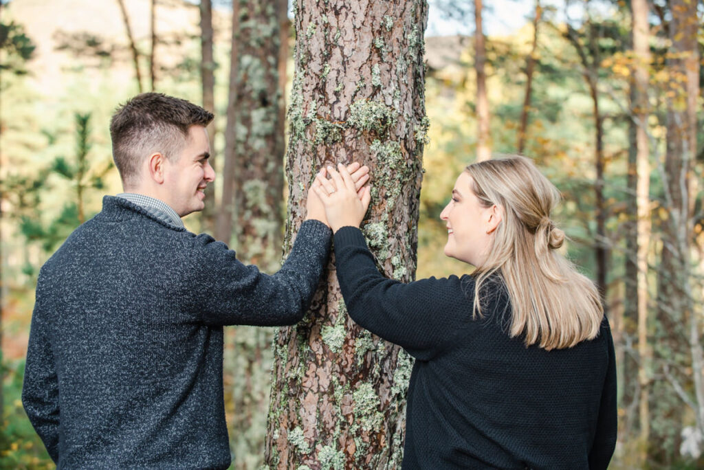 A young couple in dark pullovers have both their hands together on the trunk of a conifer tree to show off the engagement ring