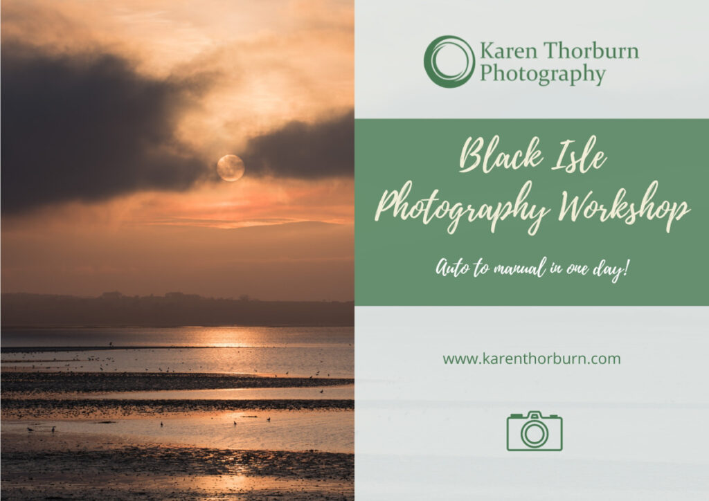 Promotional image for a Black Isle landscape photography workshop, showing a bay silhouetted at sunset bathed in peach light
