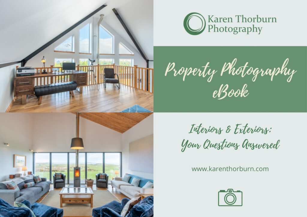 Promotional image for property photography showing a bright modern living space split over two levels with an apex ceiling