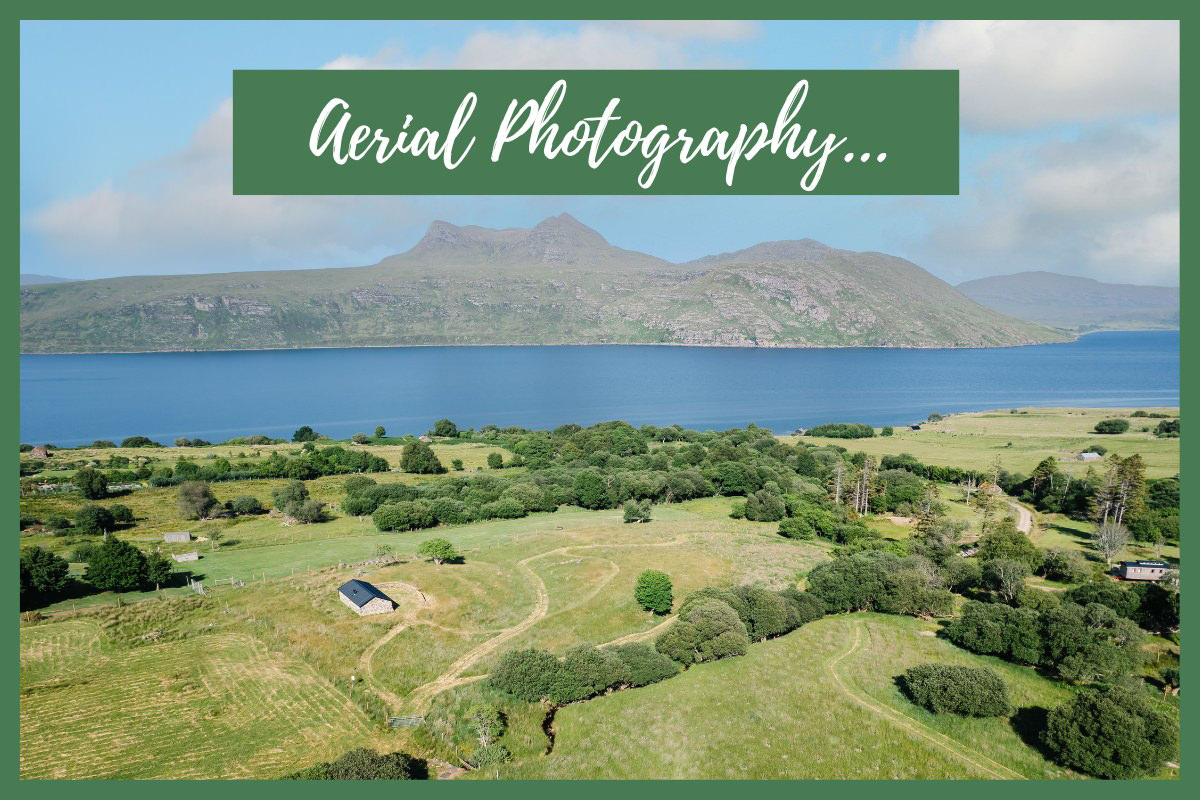 Promotional image for aerial photography with a stone building set amongst green fields and trees with water and hills beyond
