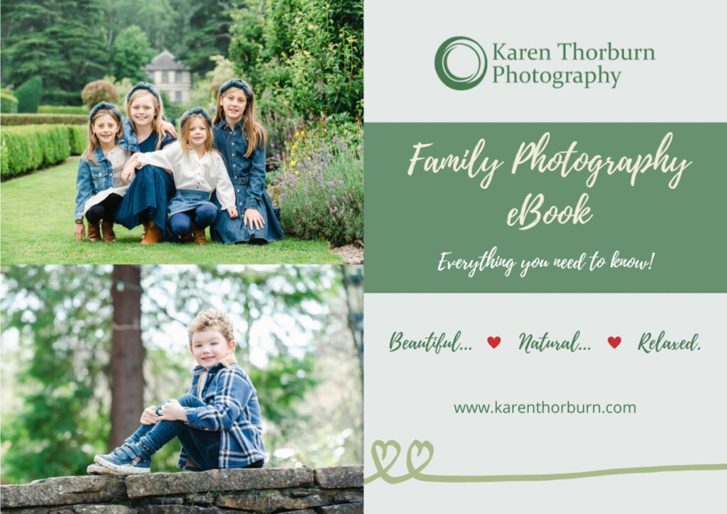 Cover of a free family photography eBook download showing four sisters in a garden and a young boy on a wall in the woods