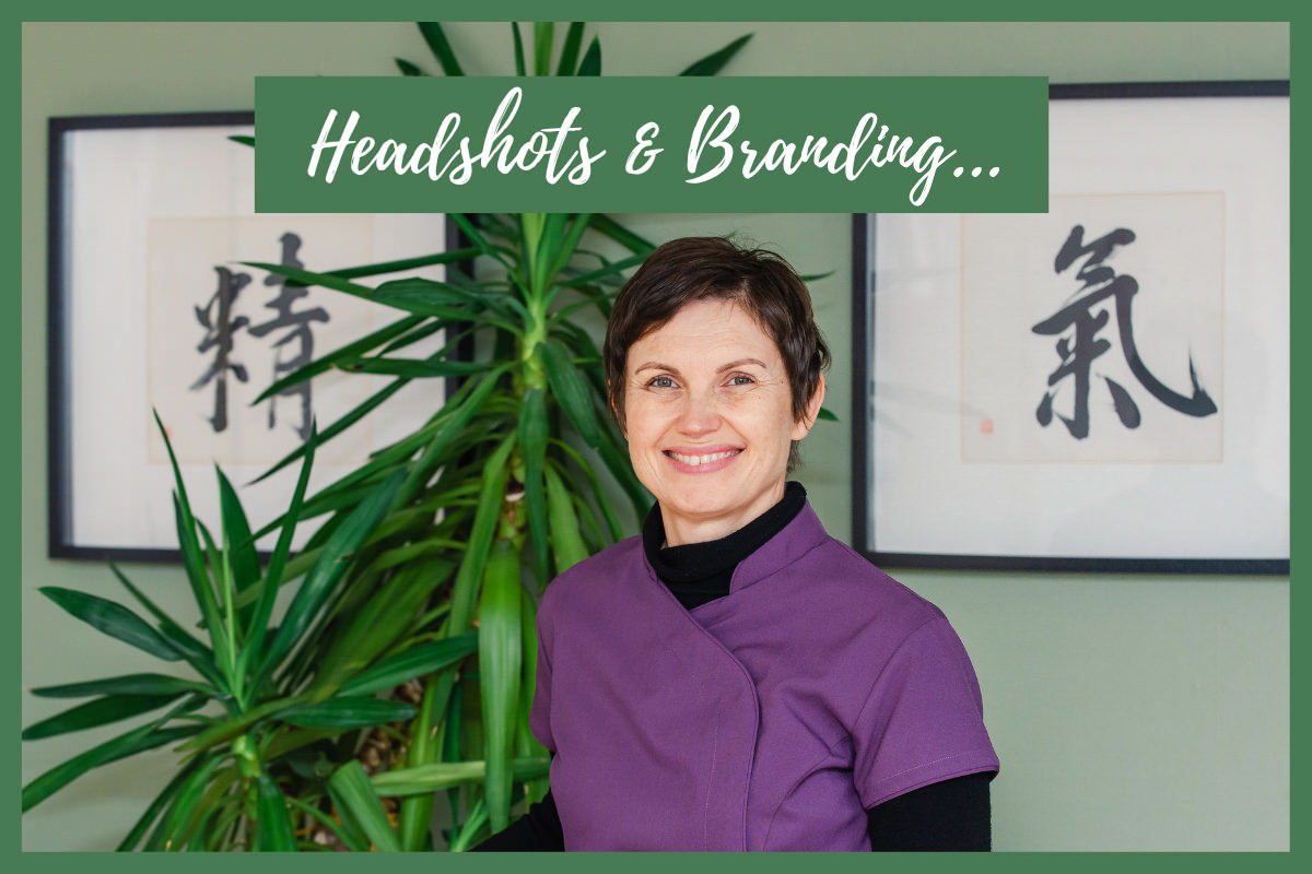 Promotional image for headshots and branding showing a woman in a purple tunic in front of a plant and oriental symbols