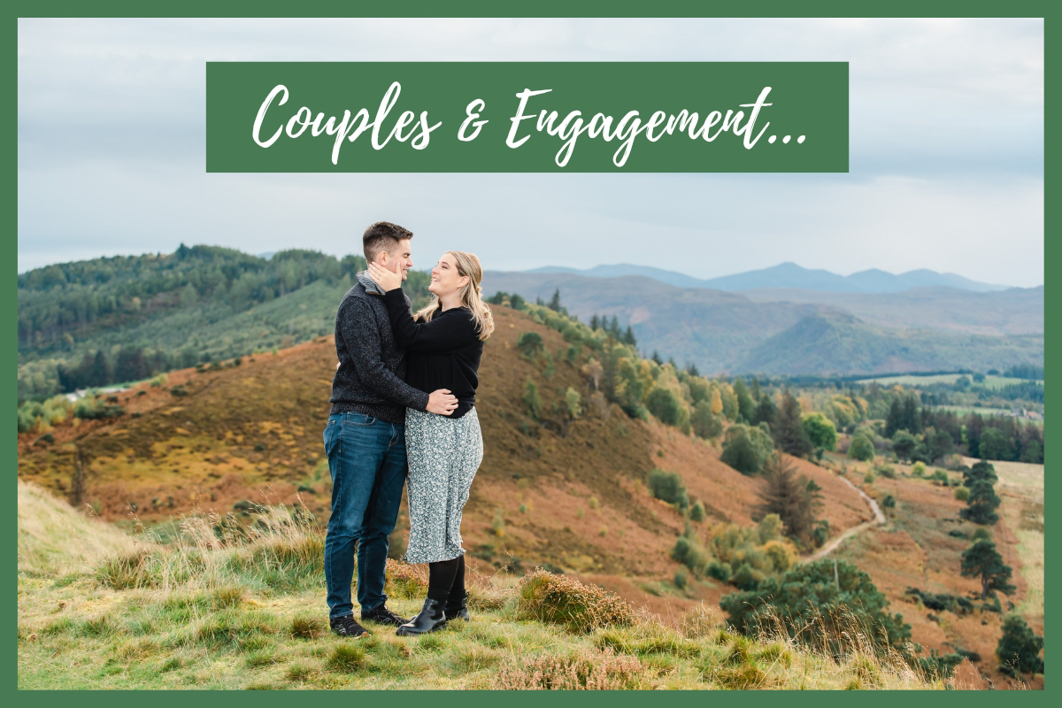 Couples photography and engagement photoshoot promotional image of a man and woman with hills in the background in autumn