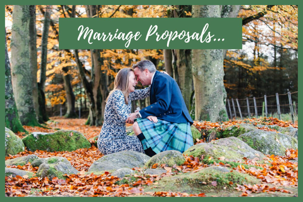Marriage proposal photography promotional image of a man and woman down on one knee getting engaged in a woodland in autumn