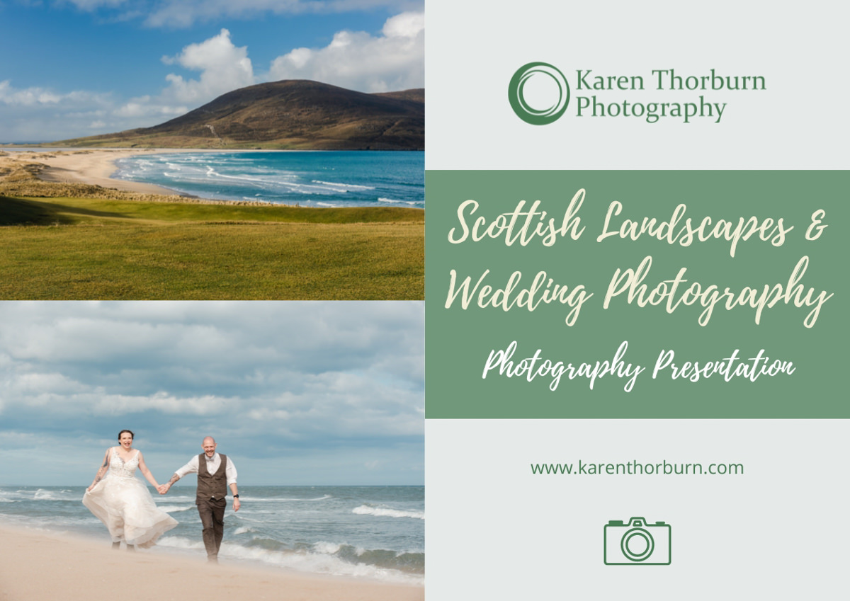 Promotional image for a Scottish landscapes and wedding photography presentation showing a hill and a wedding on a beach