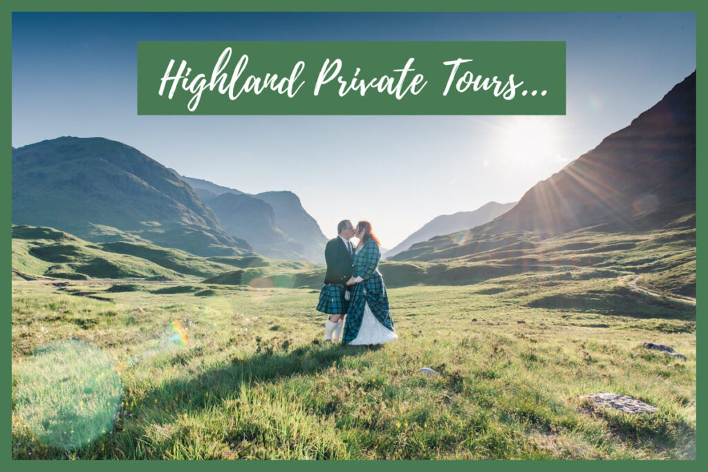Scottish Highland portrait photography private tours promotional image of a man and woman in tartan kissing in Glen Coe