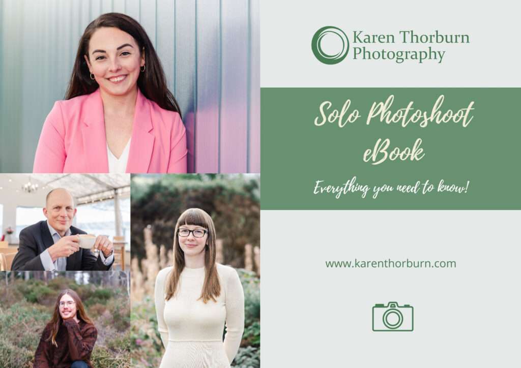 Solo photoshoot eBook featuring business portrait headshots of two women and two men in a collage